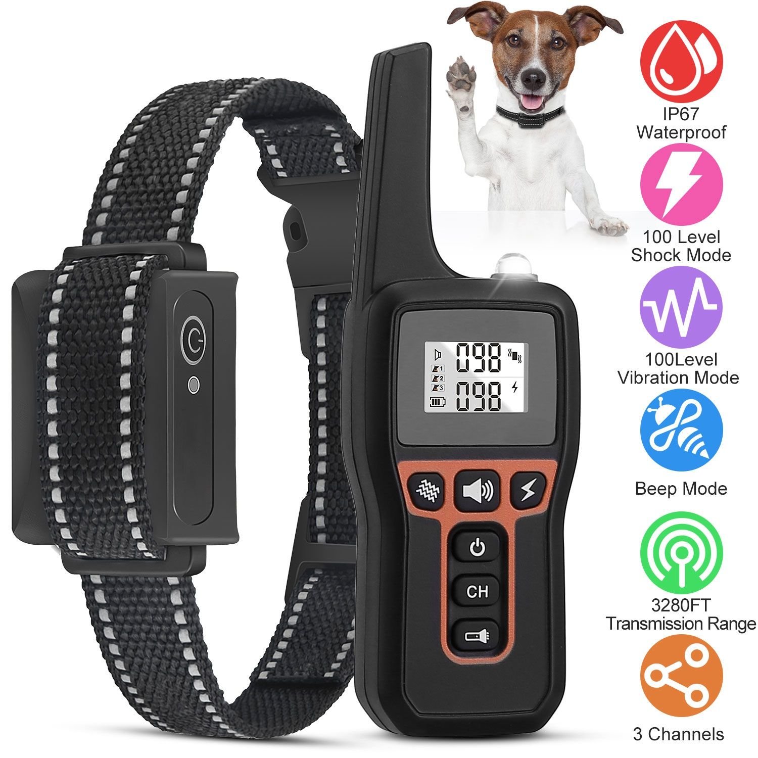 3280FT Dog Training Collar IP67 Waterproof Pet Beep Vibration Electric ...